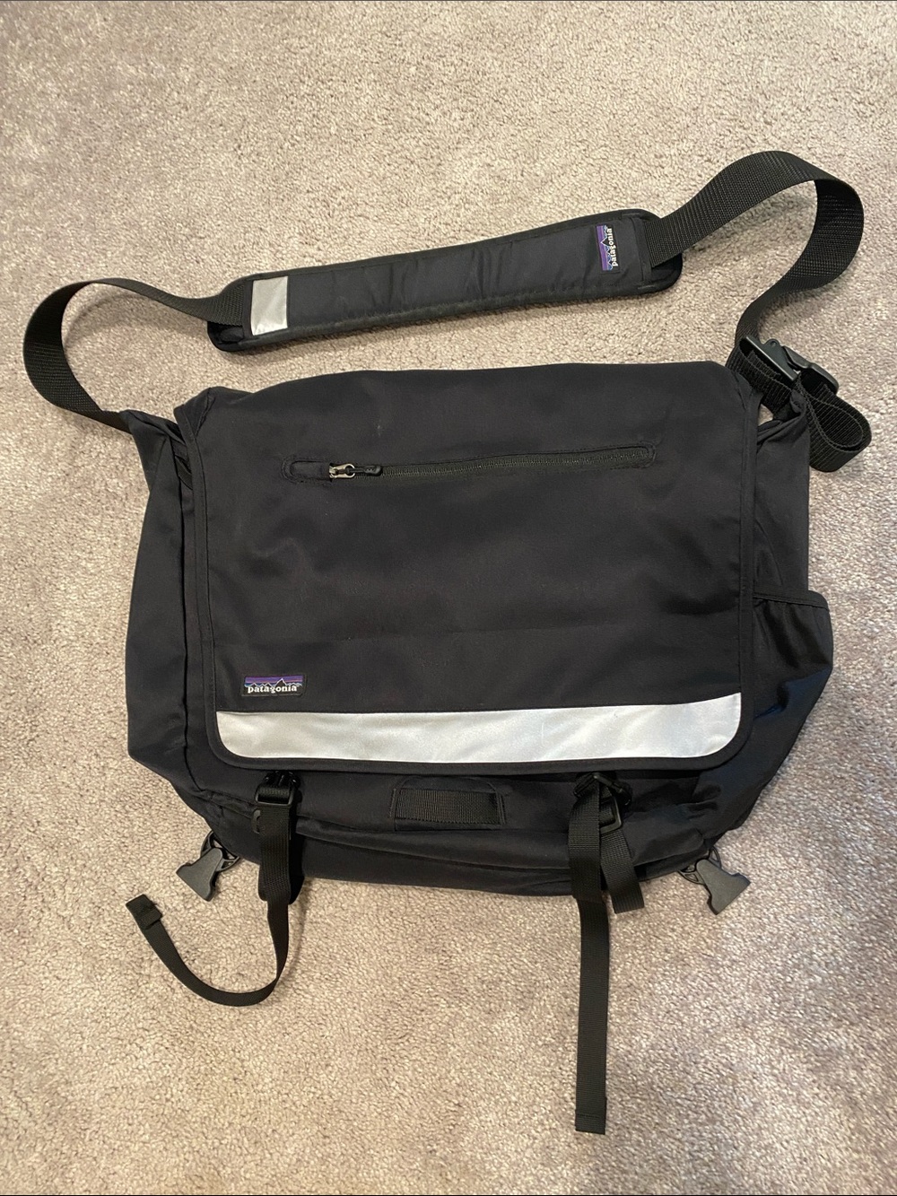 Patagonia Black Messenger Bag with Silver Reflective Accent